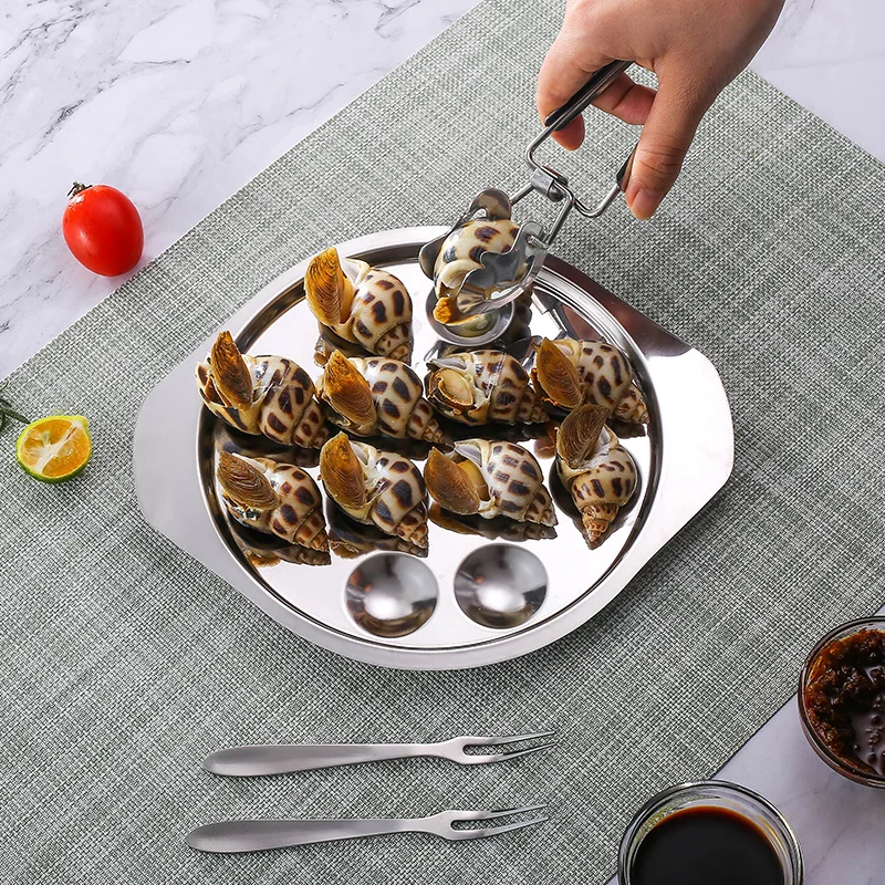 Stainless Steel Snail Plate Mushroom Dishes with Escargot Tongs and Forks Seafood Tools  French Snail Serving Tools Set
