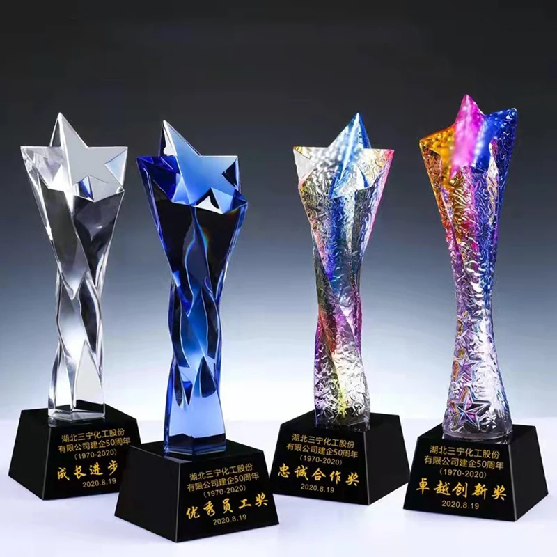 Crystal trophy colorful five-pointed star twisted pillar award souvenirs company school sports event reward engraved with names
