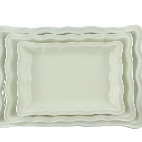 Посудомоечная машина прямоугольной формы, белая керамическая сервировочная тарелка для ресторана с волнистым ободом