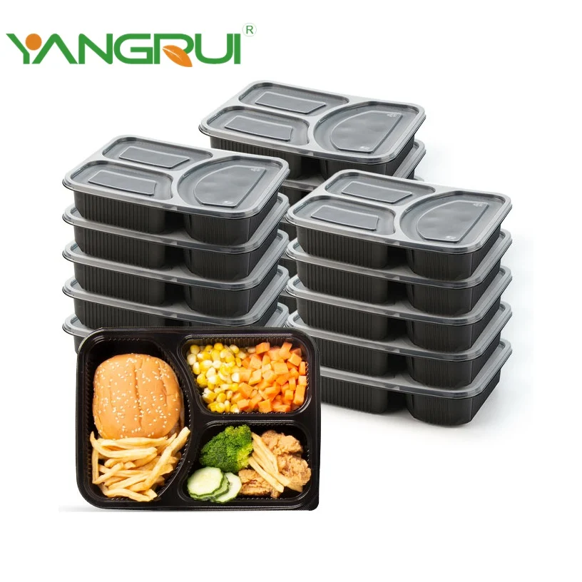 Microwaveable Clear Plastic Black Microwave Safe For Takeout Lunch Boxes 3 Compartment Food Storage To Go Containers