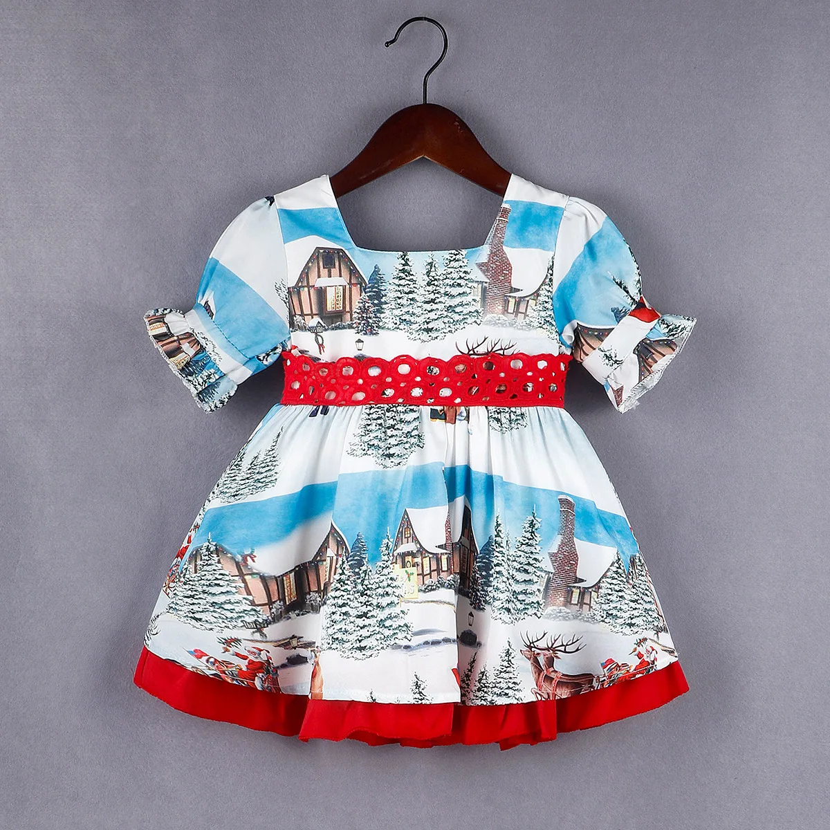 2023 New Baby Infant Girl Floral Bow tie Christmas Short Sleeve Dress 1-5 Years