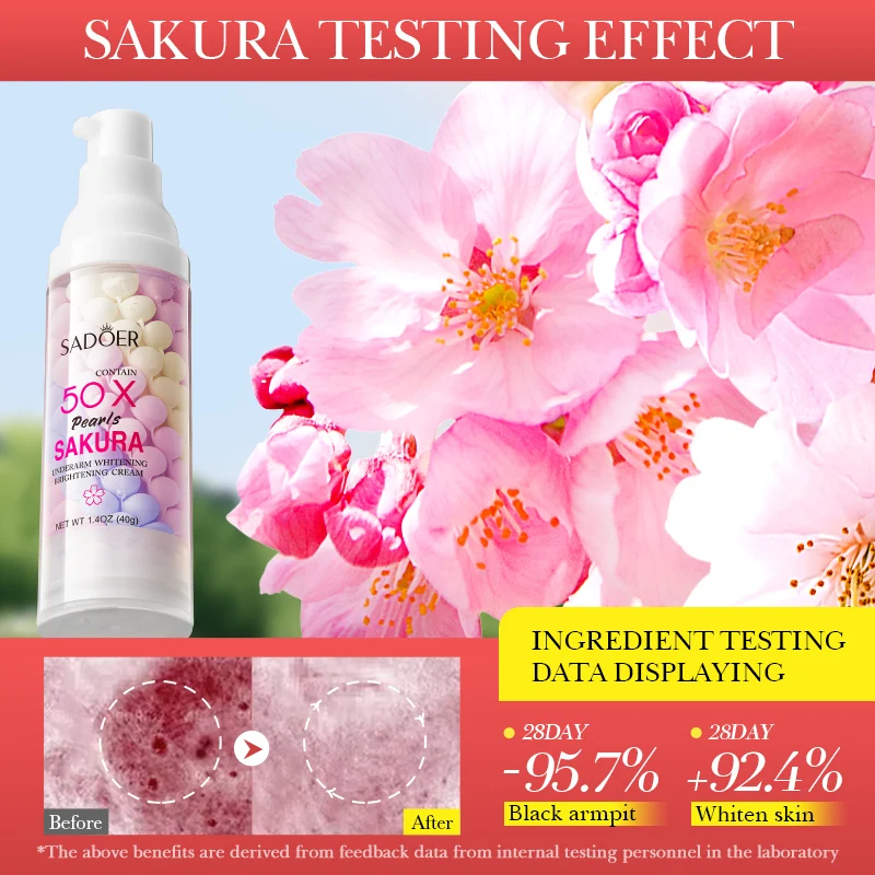 SADOER Wholesale 40g Beauty Cherry Blossom Pearl Lightening Armpit Whitening Cream Underarm Skin Whitening Cream For Dark Skin
