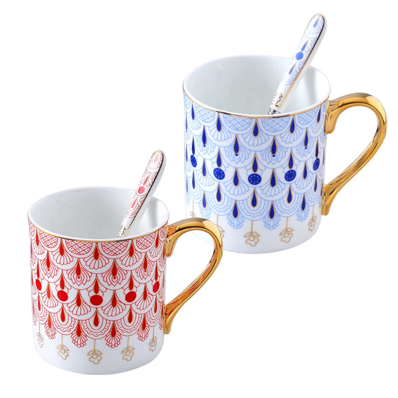 Wholesale 400ml Luxury High Temperature Red Blue Ceramic Coffee Mug With Gold Rim