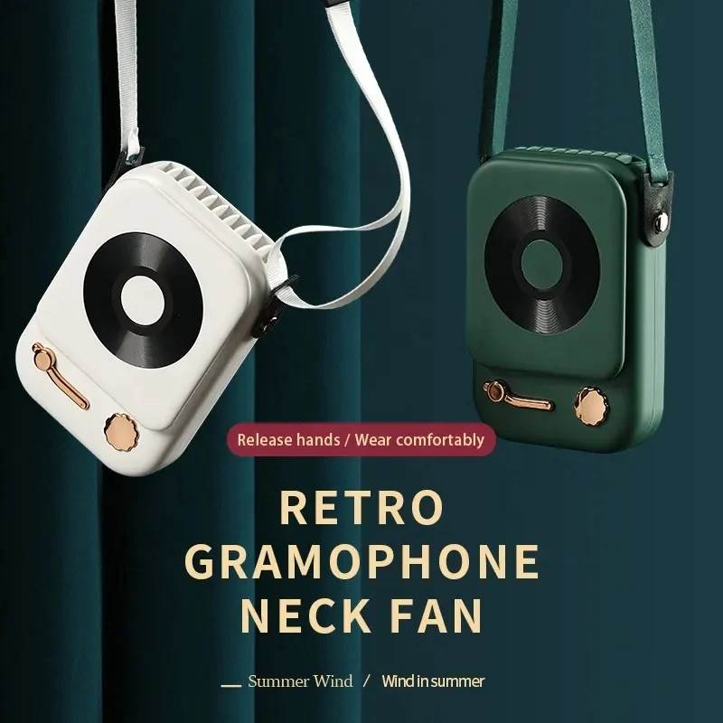 Hot Selling Hands Free Leafless Mini Fan Air Cooling Rechargeable Retro Gramophone Style Air Cooling Fan