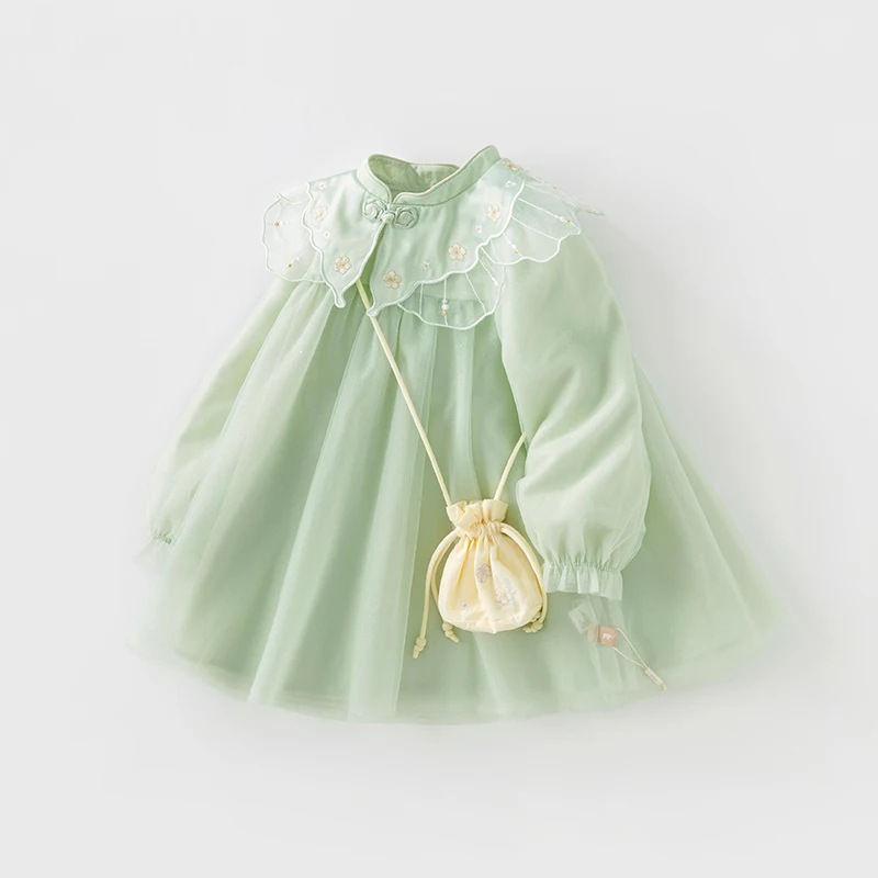 DB3236462 DAVE BELLA Autumn Children Girls Fashion Green Mesh Embroidered Butterfly Lapel Comfort Flower Bag Lace Cuffs Dress