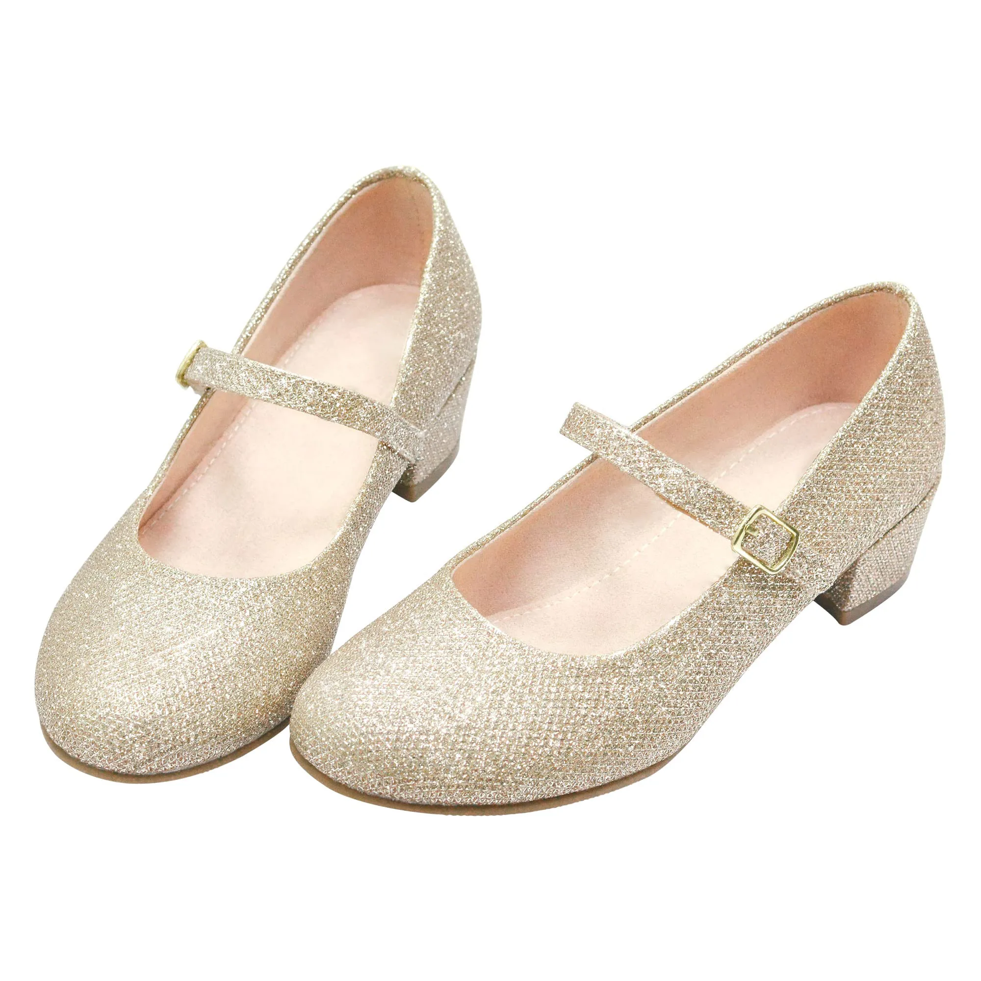 Custom Gold Glitter School Princess Wedding Party Dress Little Girls Low Heel Mary Jane Flats Shoes