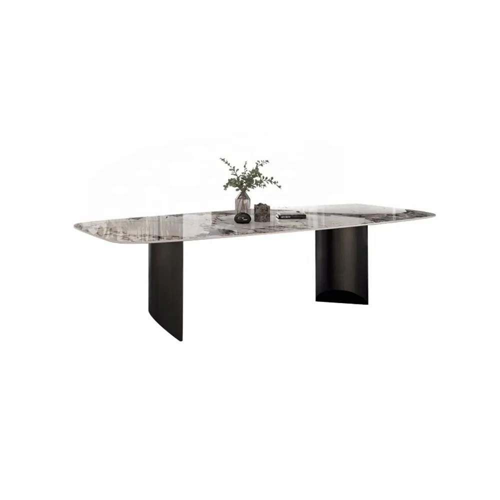 Modern Rectangular Sintered Stone Dining Table with Double Pedestals Table Marble Tables