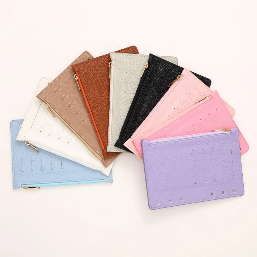 Hongbo Best Selling School/Office Gift 9-Colored A6 Soft Genuine Litchi Leather Loose Fly Leaf with Card Slots & Zippered Pouch