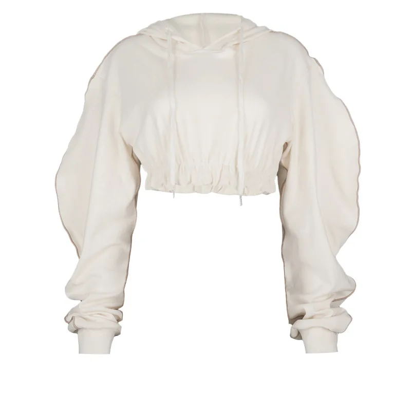  2020 New Style Streetwear Woman Tops Fashionable Puff Sleeve Solid Long Crop Top Hoodie Ladies