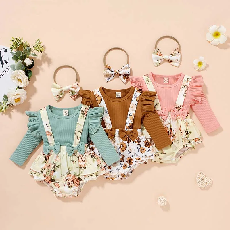 long sleeve 3pcs suspender romper bow ruffles headband baby girls outfits clothes set
