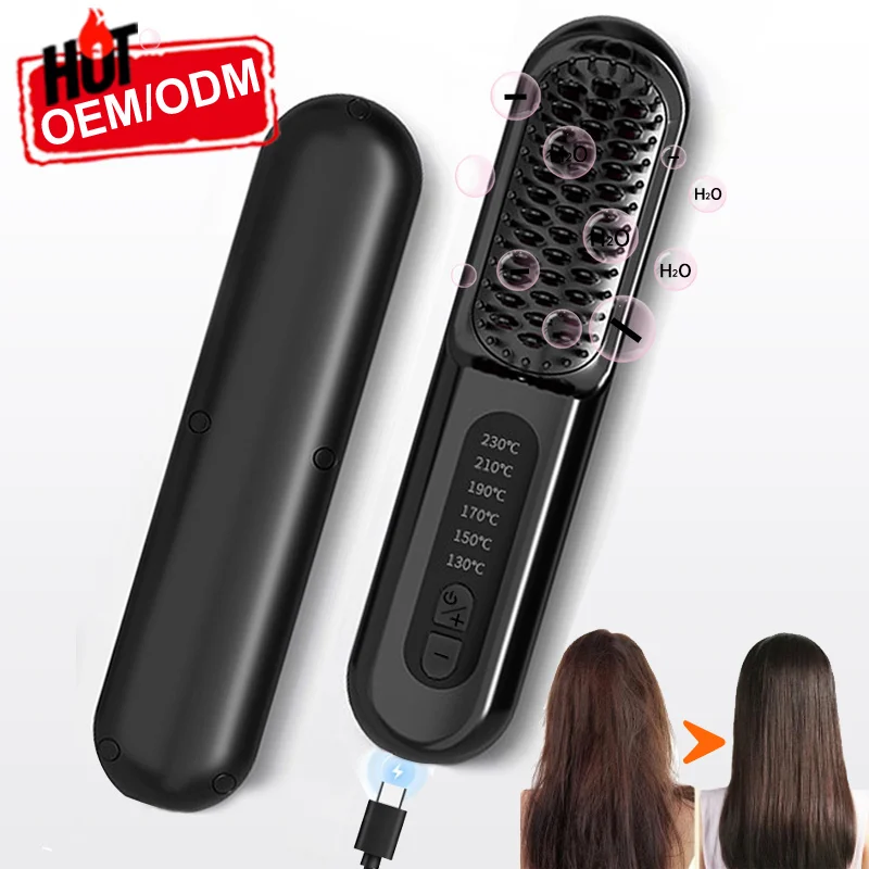 Professional Mini Hair Straightener Negative Ion Hair Care Brush Rechargeable Wireless Hair Straightener Comb