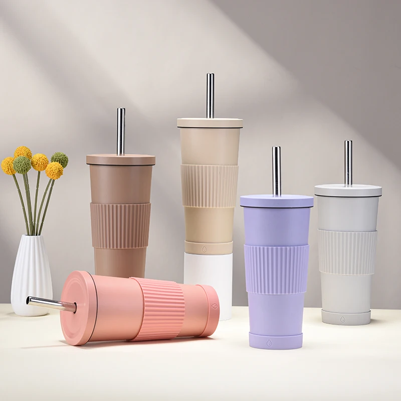 2024 new 710ml stainless steel straw tumbler women ceramic liner milk tea tumbler non-slip portable straw insulation tumbler