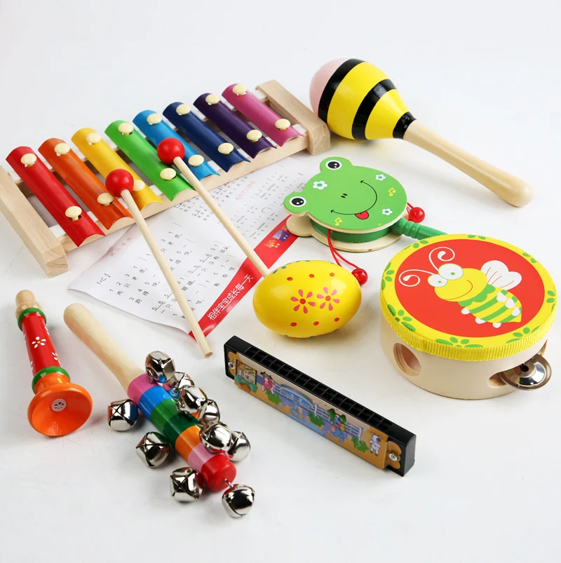 Wooden 8 Pieces Baby Music Kit Infants Toys Musical Instruments Sets For Kids Early Education Drum Rattle Toy