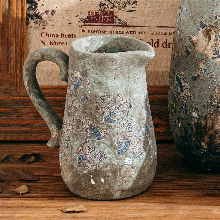 Retro Style Handmade Decal Design Jug Shape Home Goods Decorative Cement Decor Vase Flower Vases with Handle