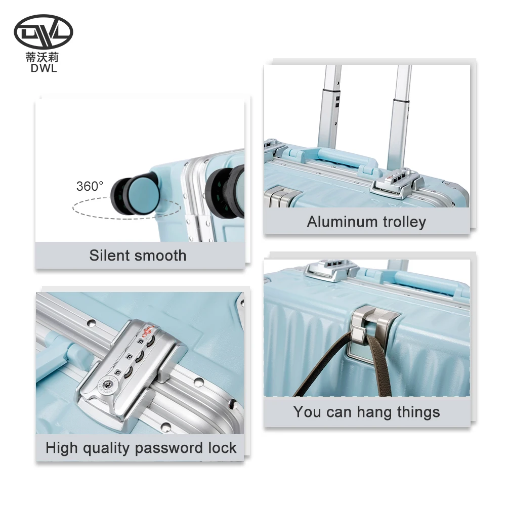 DWL unisex Aluminium trolley suitcase travel luggage trolley suitcase carry on luggage luxury travel bags luggage