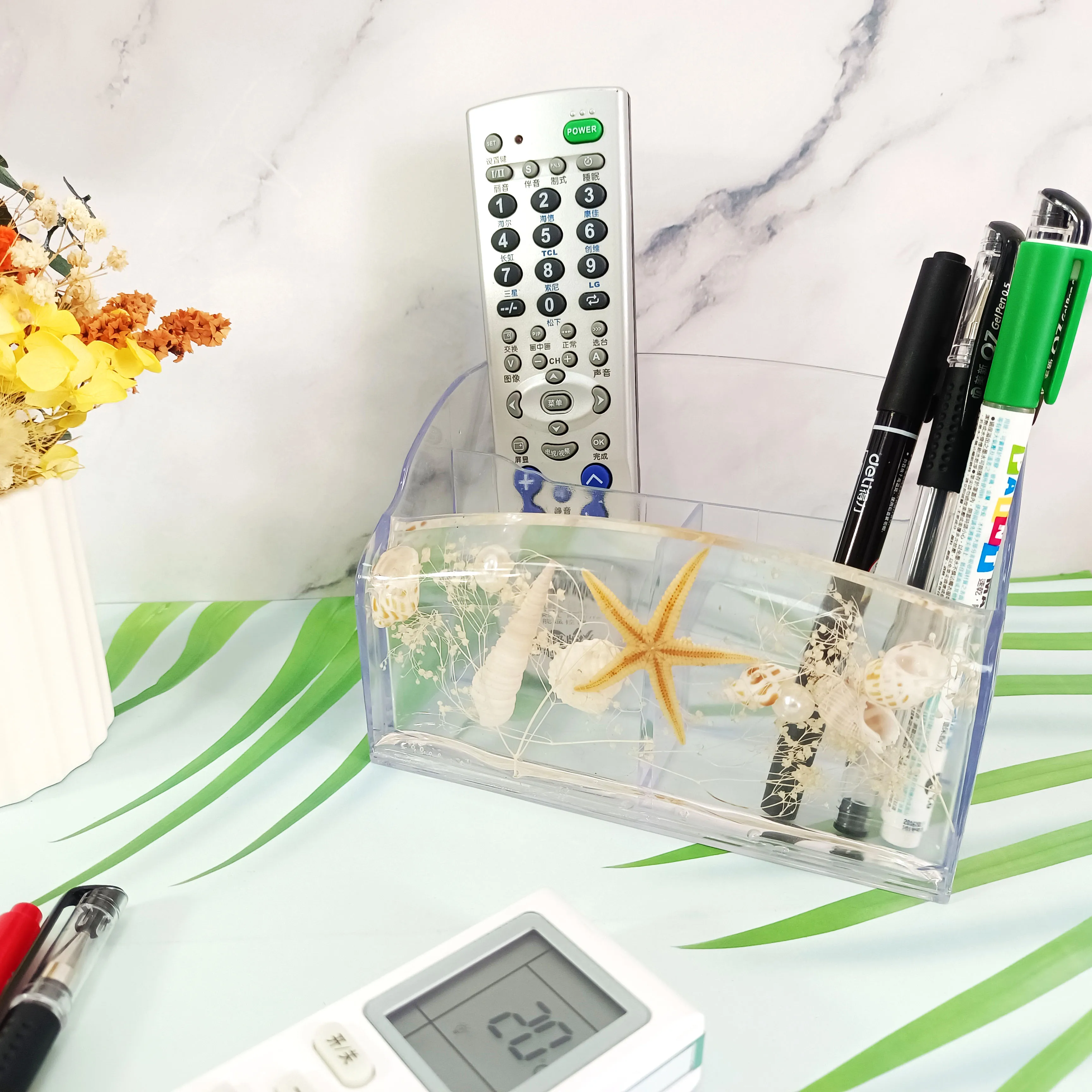 Acrylic Stationery Organizer 3 Compartments Seashells TV AC Remote Control Holder for Organization