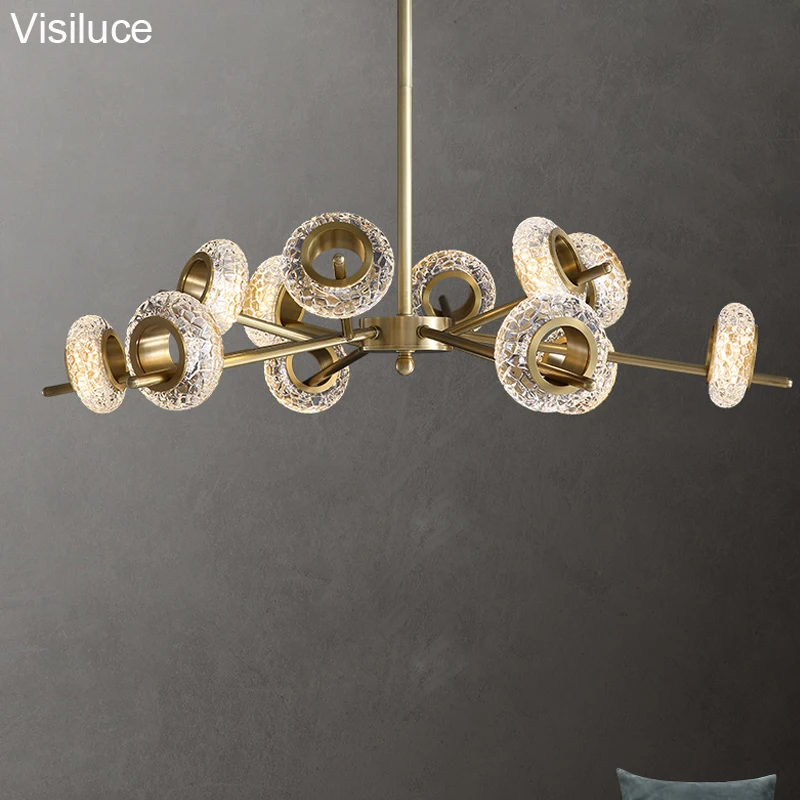 hot sale american antique style brass copper luxury pendant light modern glass led chandeliers for home living room