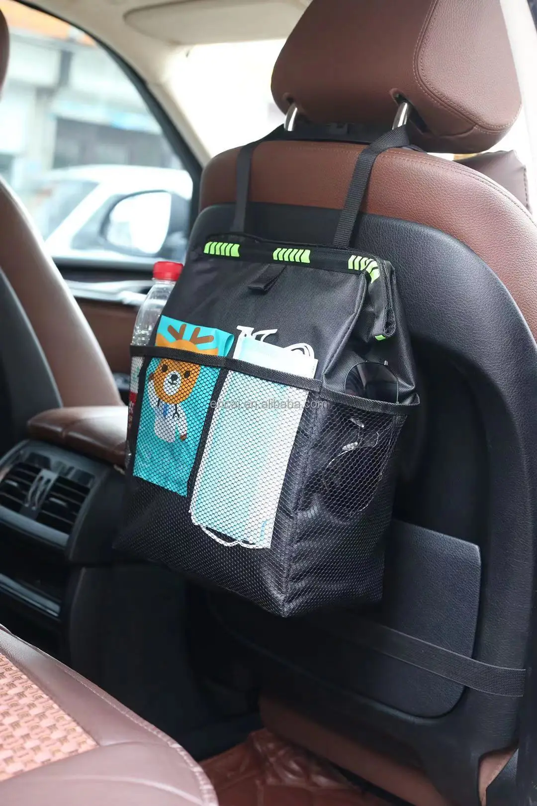Leakproof Car Back Seat Backseat Hanging Organizer Trash Can with 4 Storage Pockets Portable Folding Car Trash Can Bin Organizer
