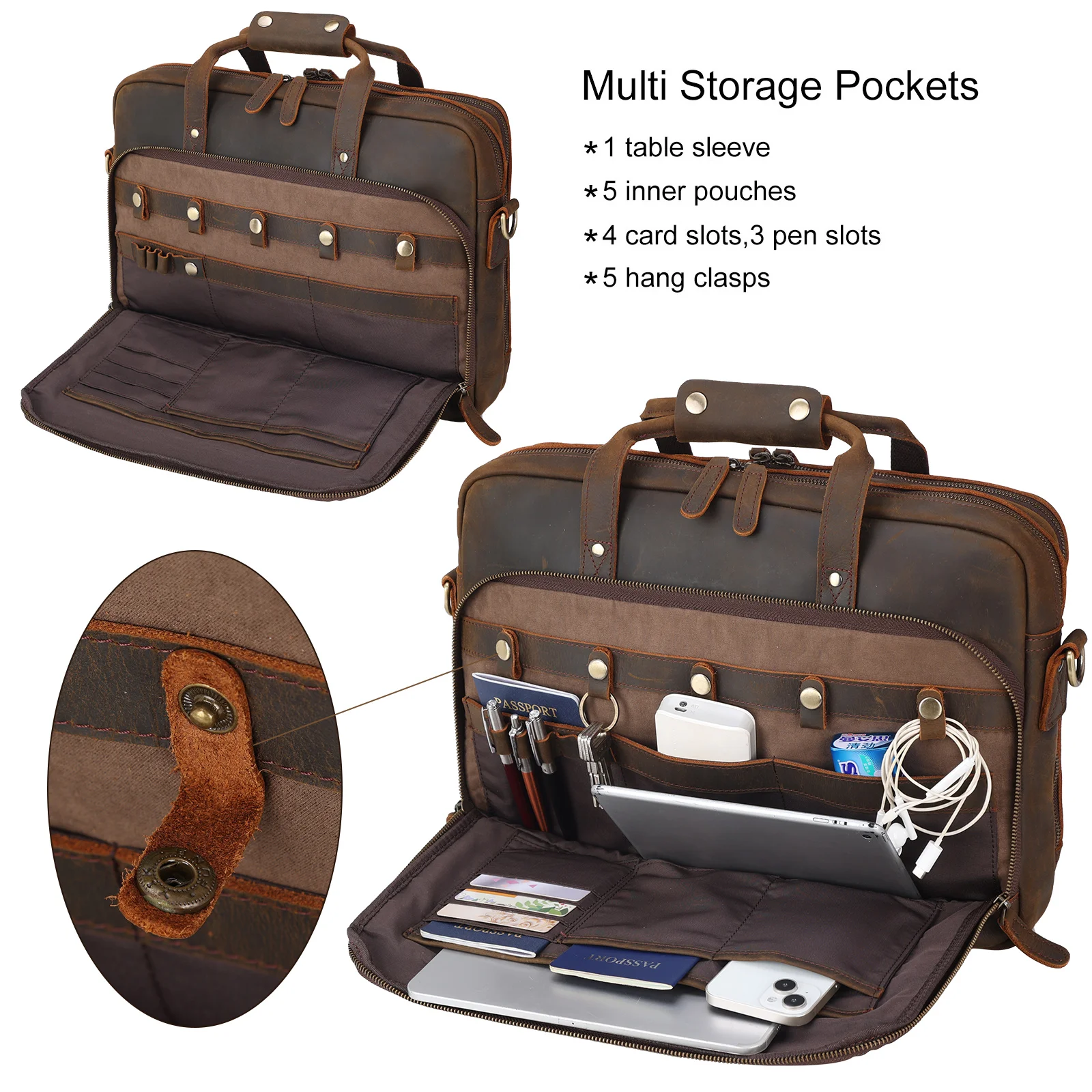 New Arrival 15.6  Inch Cow Leather Travel Briefcase Bag Vintage Retro Crazy Horse Leather Briefcase For Men