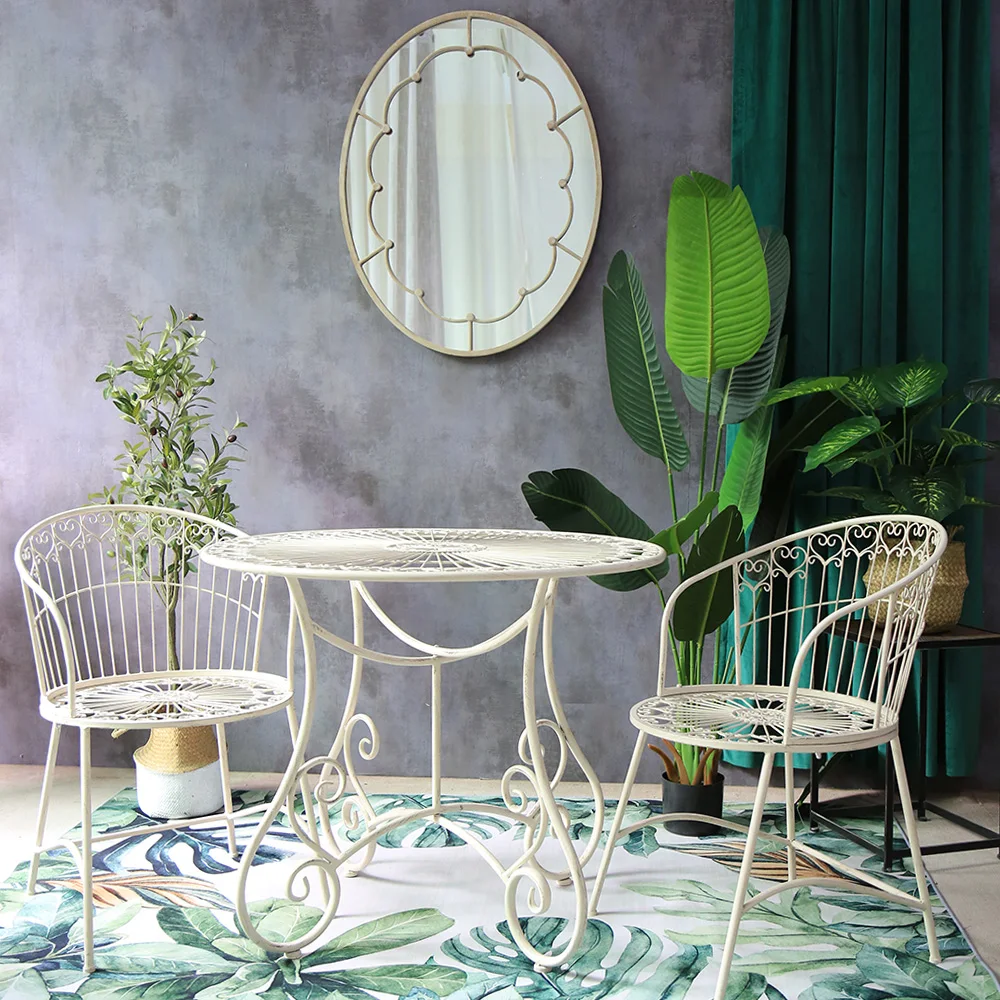 White Vintage Patio Furniture Table and Chairs Iron Metal Outdoor Bistro Set Garden Companion Lover Seats