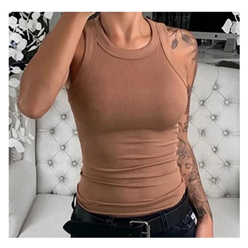 High quality polyester crew-neck ribbed sleeveless tight knit crop vest fashion women casual gym sports tank top solid