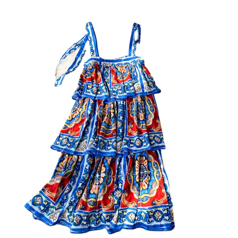 2021 летняя новая юбка на подтяжках с принтом многослойная юбка-торт с винтажным принтом