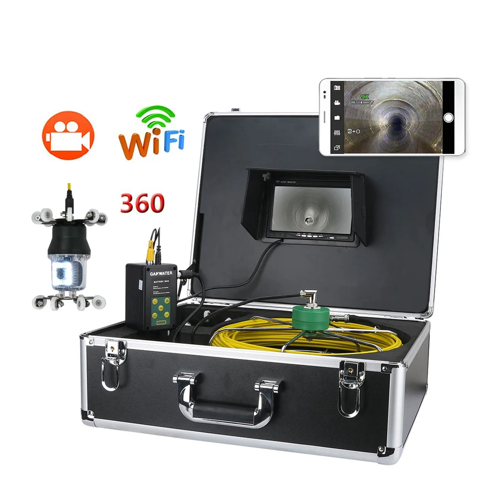 9 inch Wifi DVR 30M 50MPipe Inspection Video Camera Drain Sewer Pipeline Industrial Endoscope 360 Degree Rotating Camera 38 LEDs