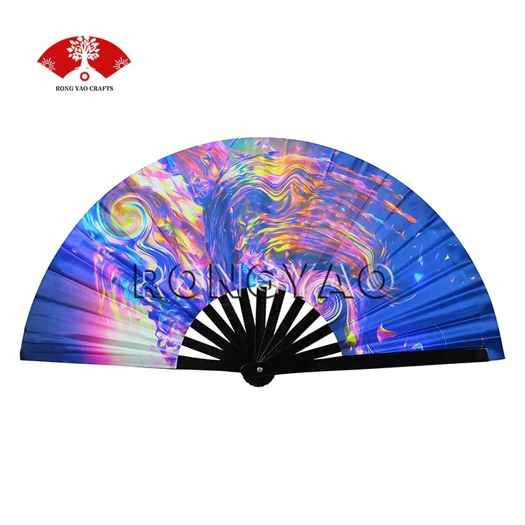 2023 Bamboo Ribs Folding Fabric Hand Fans 33cm Large Rave Oxford Satin Fabric UV Night Clack Hand Fan