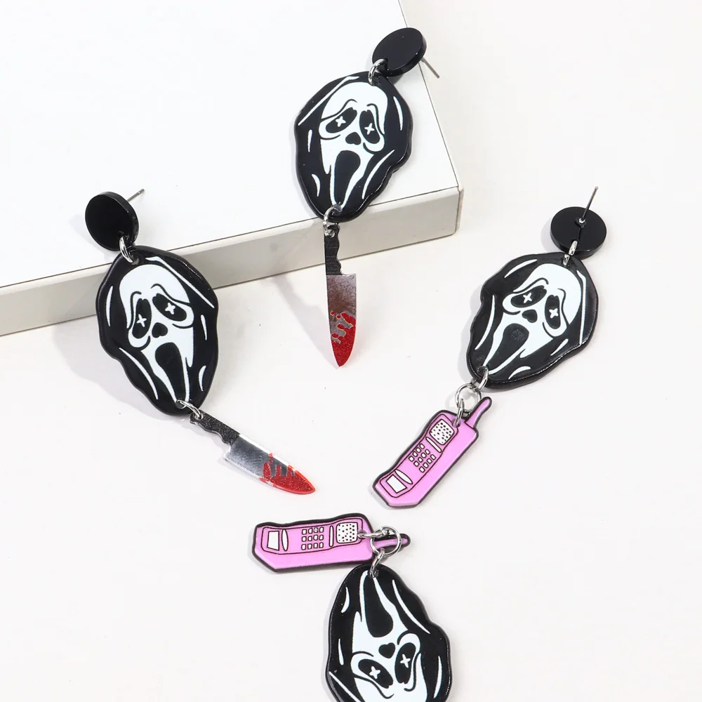 Removable Earrings Phone Dagger Knife Blood Spooky Ghost Skull Halloween New Hip Hop Party Acrylic Drop Earrings for Women