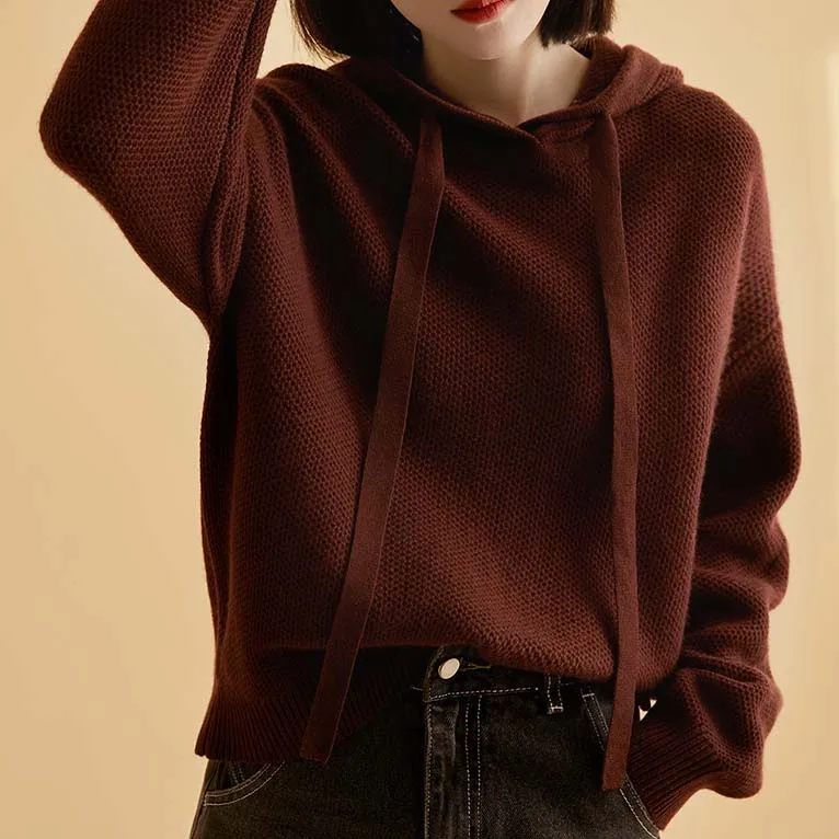 Women Knitwear Pullover Loose Lady Hooded 100% cashmere Knitting Sweater