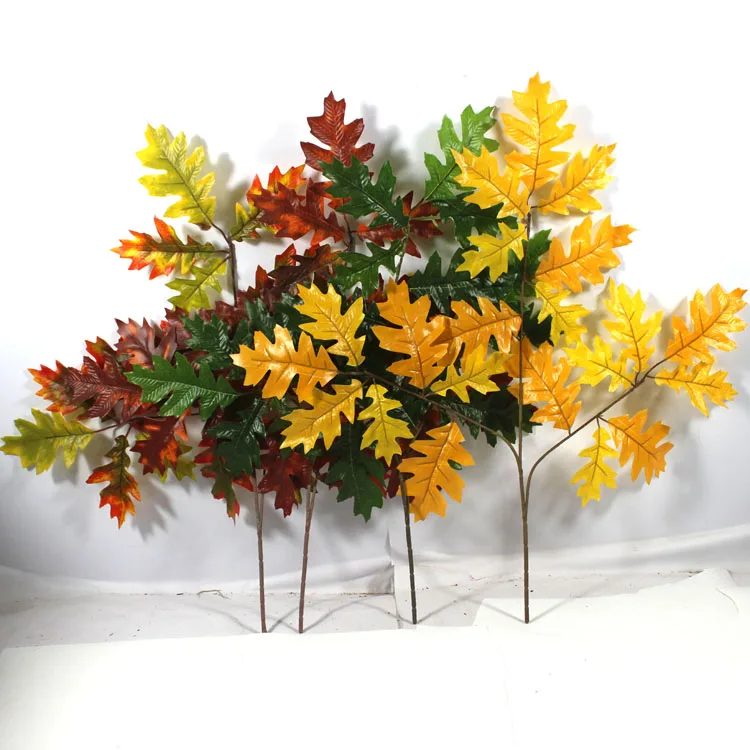 Artificial oak tree branches dual yellow green wine brown Tropical leaves christmas ornament amazon