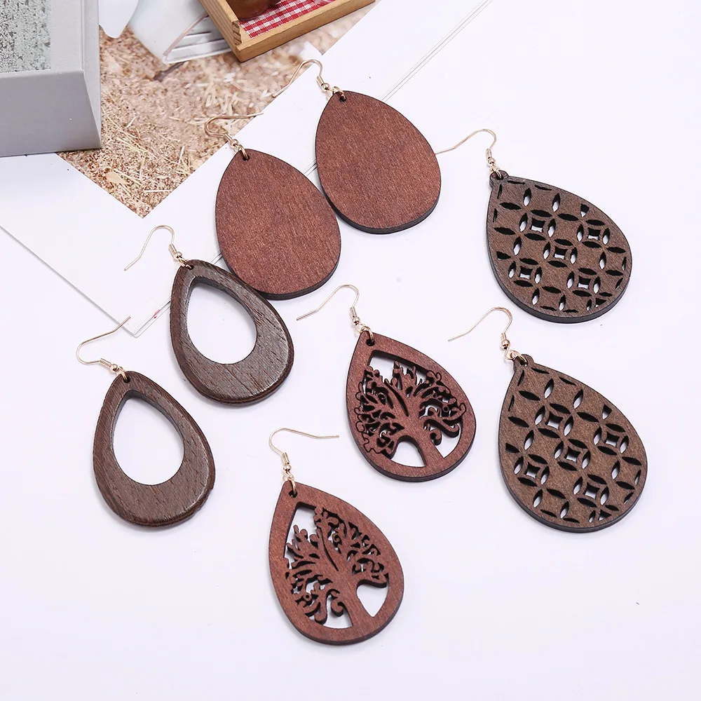 New products European and American fashion creativity versatile Earrings wood hollowed out water drop earrings sell well