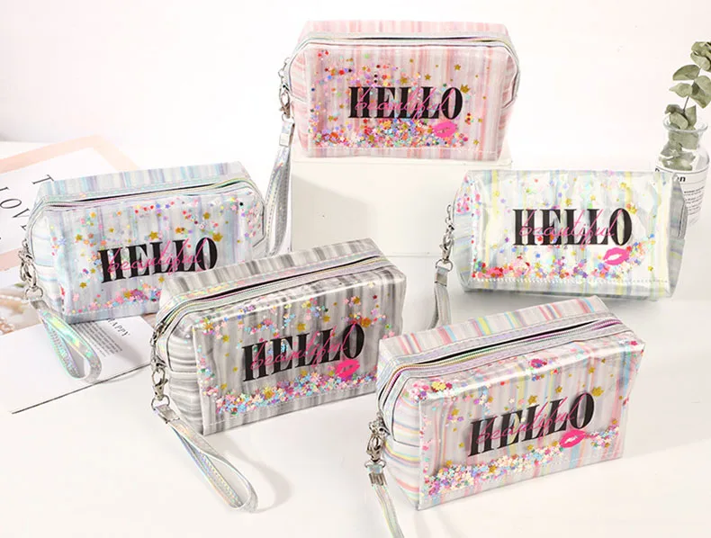 Luxury Elegant PVC Makeup Bag Holographic Laser Plastic Ziplock Pouch Bag Cosmetic Waterproof Travel Toiletry Cosmetic Bag