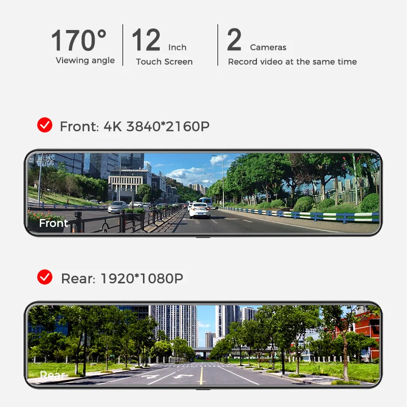 12 Inch 4k 2160p Touch Screen Rearview Mirror Car Dvr Dash Cam Video Recorder With Wifi Gps Night Vision Reverse Dash Camera