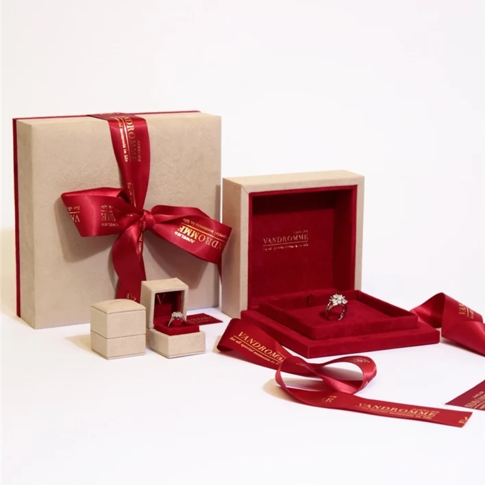Luxury custom gold logo ribbon bowknot red velvet rigid paper ring jewelry box packaging