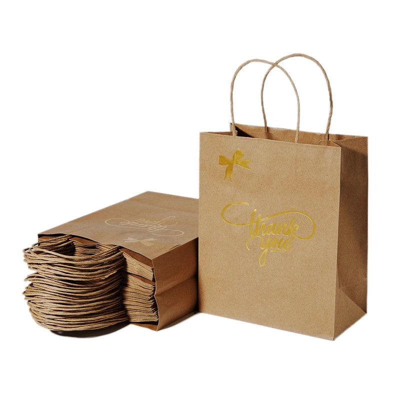 
 Переработанный персонализированный шоппинг подарок золотой штамп A4 J Cut складные спасибо крафт-бумажные пакеты  