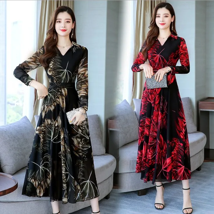 
Autumn and winter new large size wide lady casual waist closing mid length dress Korean V-Neck long sleeve skirt trend 