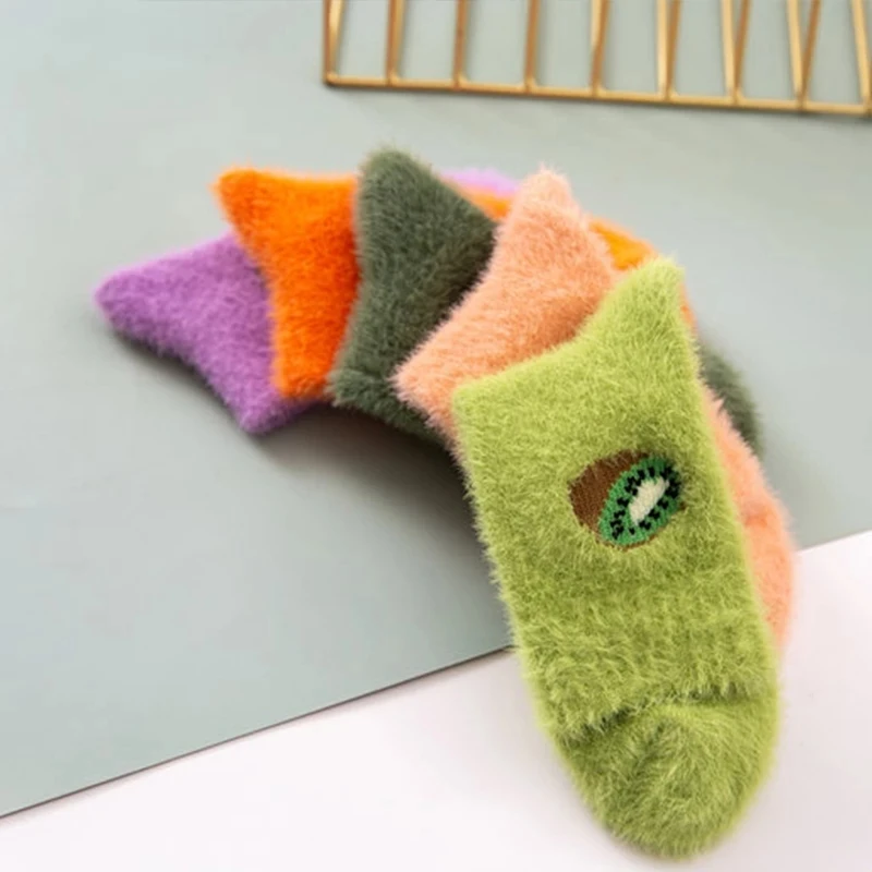 FINETOO Women Socks Mink Velvet Bedroom Thicken Cute Fruit Sleepwear Home Female Sleep Floor Warm