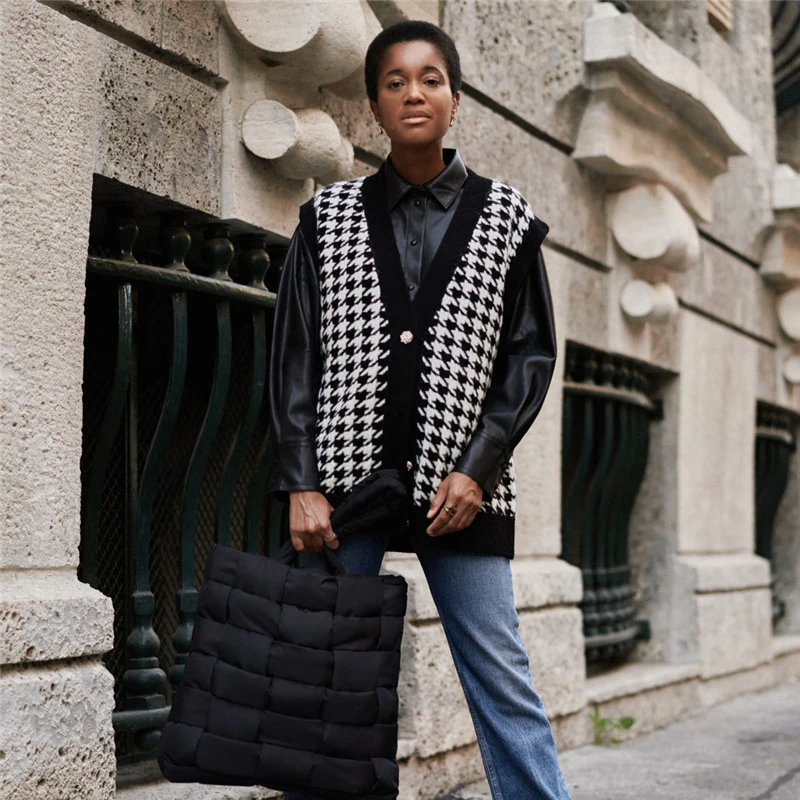 
2020 V-Neck Houndstooth Vest Sleeveless Knit Sweater Sueter Mujer Knit Houndstooth Cardigan Pull Sans Manche 