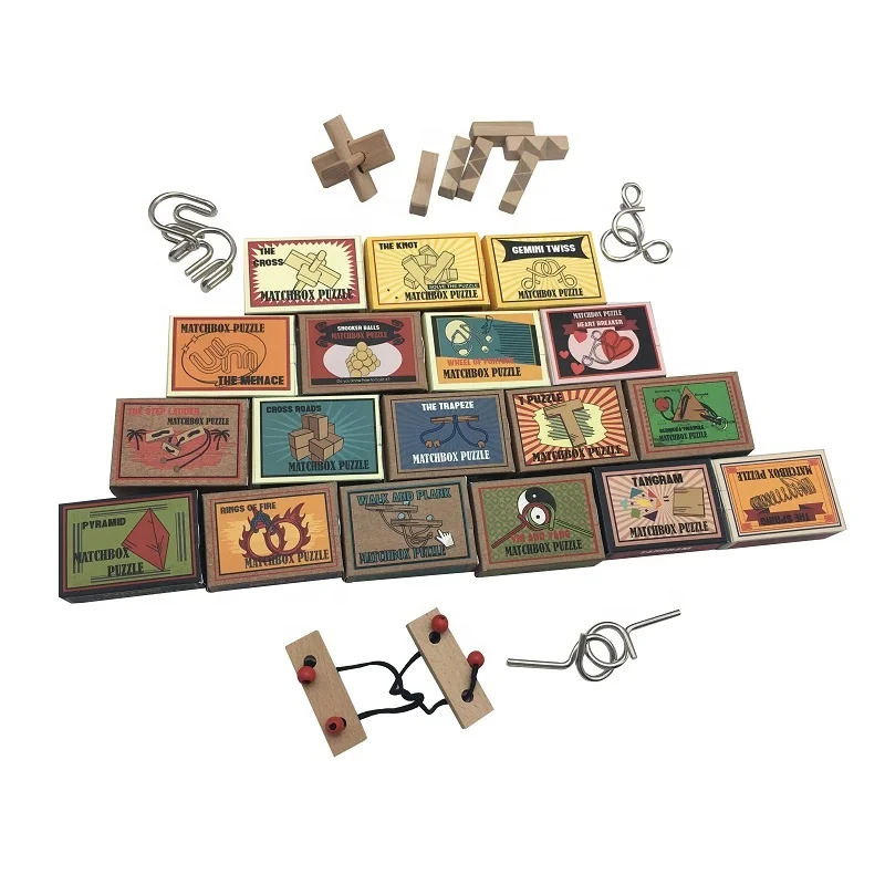 New promotion  mini 3d wooden puzzle and metal brain teaser game traditional matchbox puzzle Walk and plank rope puzzle