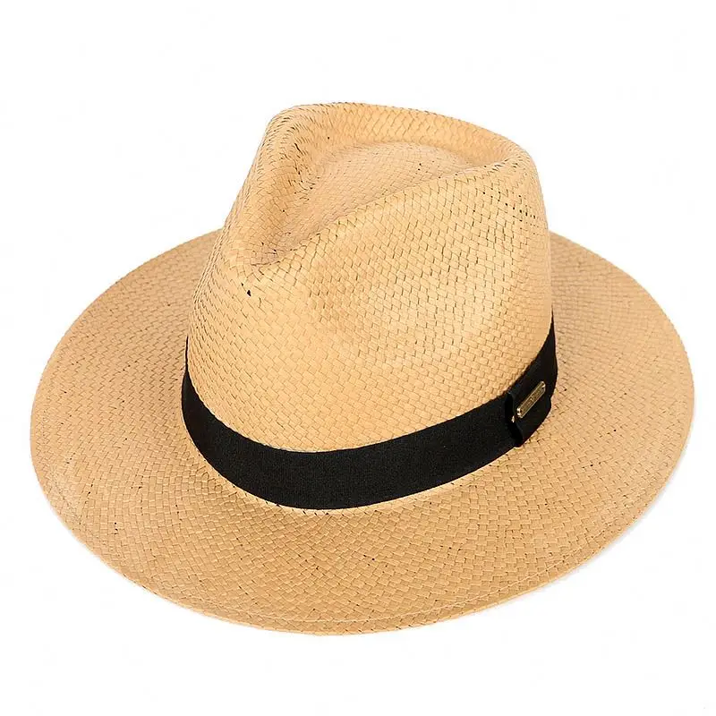 Summer Panama Sun Hat Flat Wide Brim Fedora Toquilla Natural Straw Hat With Black Ribbon For Lovers Pastoral Beach Travel
