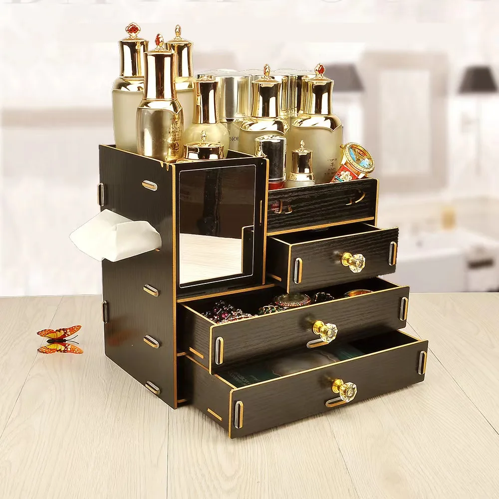 Drawer type wooden desktop cosmetic storage box  jewelry storage