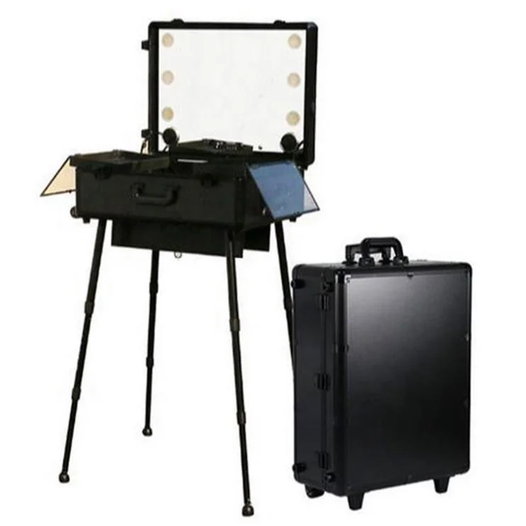 Empty professional trolley vanity traveling wheeled hard shell beauty organizer makeup cases with light mirror
