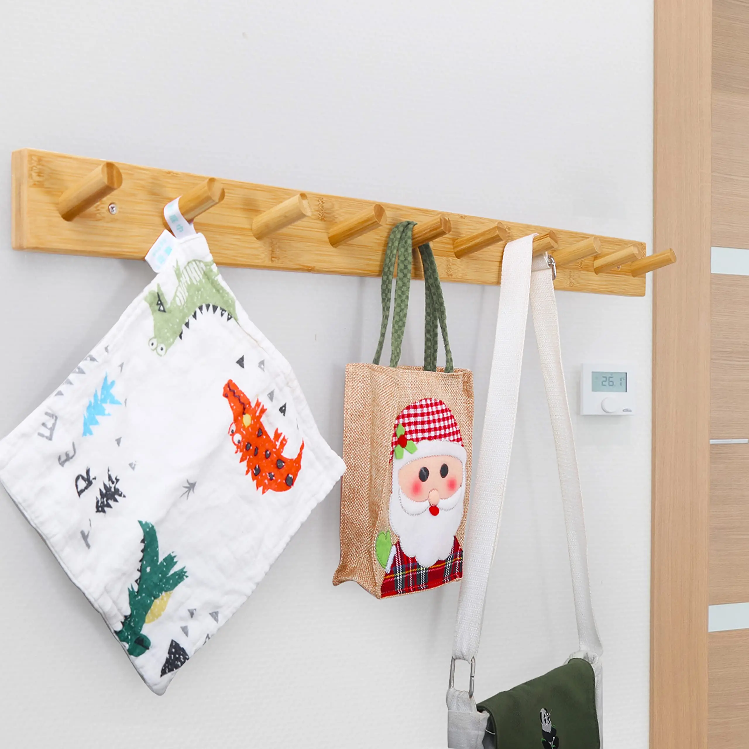 Wood Coat Rack Wall Mounted,10 Peg Long Bamboo Hook for Hanging Backpack Coat Towel Hat