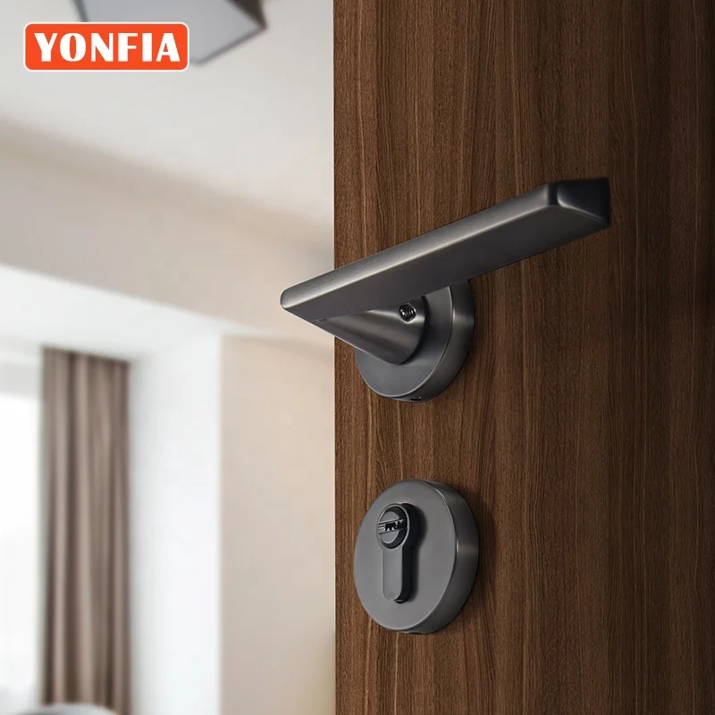 YONFIA 8048N safety black zinc alloy interior wood door handle set lever lock with brass cylinder mortise lock door handle
