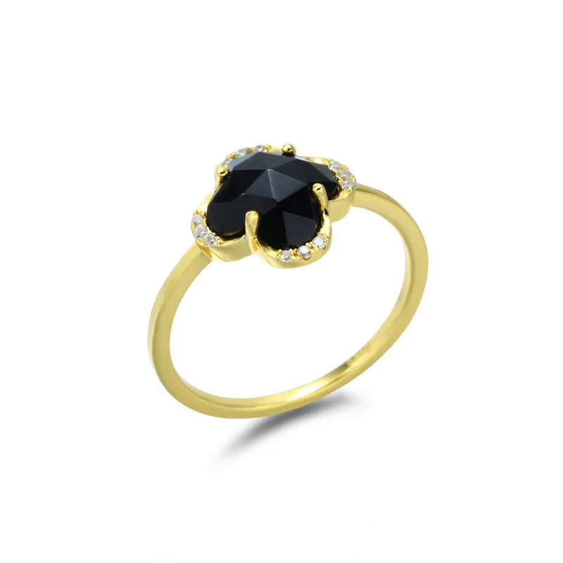 Lucky Four Leaf Clover White Zirconium Sterling Silver Gilt Gemstone Black Onyx Ring For Girls