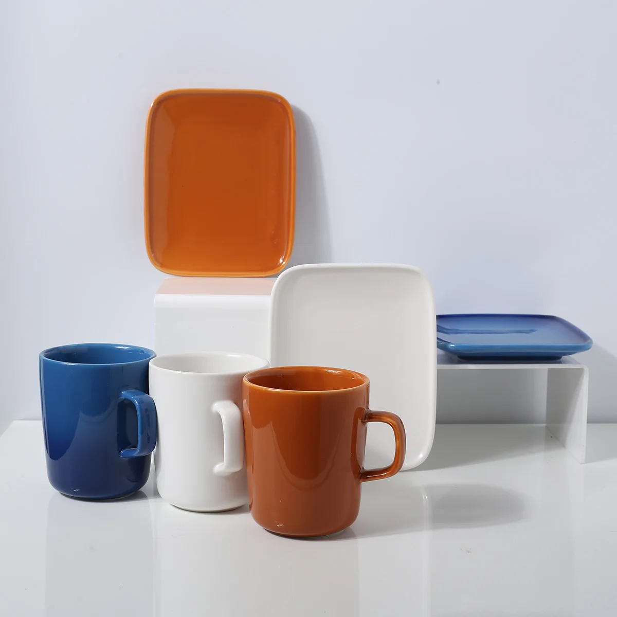 Wholesale Nordic Mug White Brown Blue Colors Ceramic Mugs Coffee Cup And Plate Set