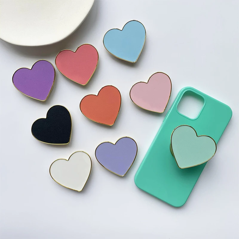 INS Hot-Selling Plain Mobile Phone Holder Wholesale Solid Color Heart-Shaped Handle Phone Holder Bracket Phone Grip Custom Logo