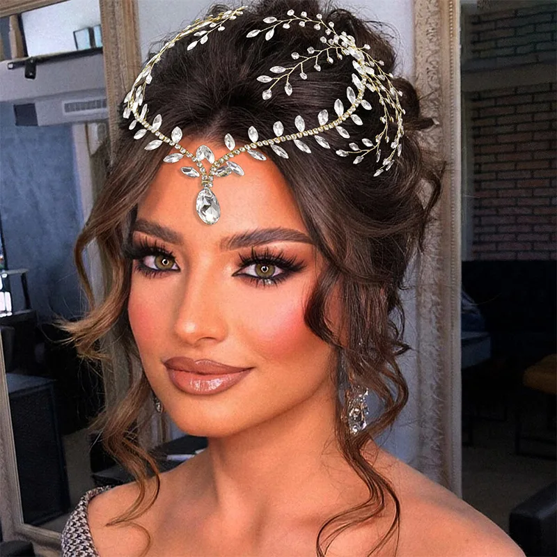 Shiny Water Drop Crystal Rhinestone Head Chain Wedding Dresses Accessories Bridal Headdress Cubic Zirconia Headpiece For Women