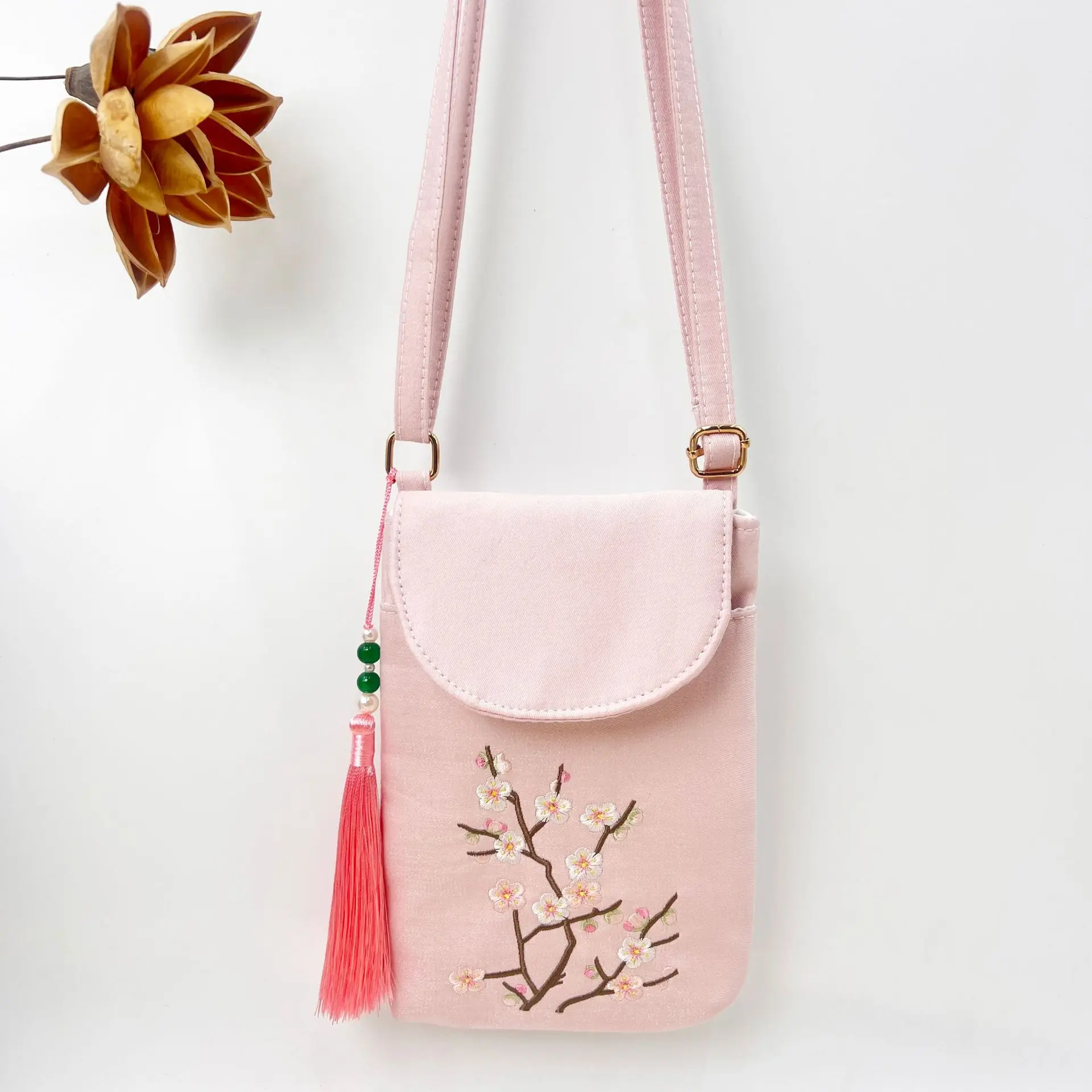 Double-Layer Crossbody Mobile Phone Bag Fresh Compact Hanfu Ancient Style Zipper Shiny Silk Embroidery Small Square Flip Design